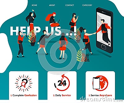 Men get out of smartphone and HELP UP. people attracted and join. can be for business finance, insurance, advertising, service, la Vector Illustration