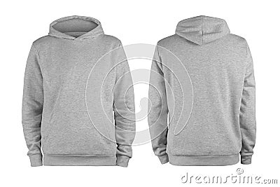 Men grey blank hoodie template,from two sides, natural shape on invisible mannequin, for your design mockup for print, isolated on Stock Photo