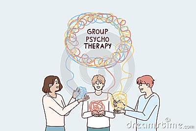 Men in group psychotherapy session trying to solve mental problems at psychiatrist appointment Vector Illustration