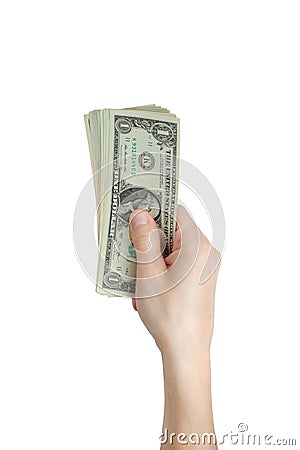 Men hand given money isolate on white Stock Photo