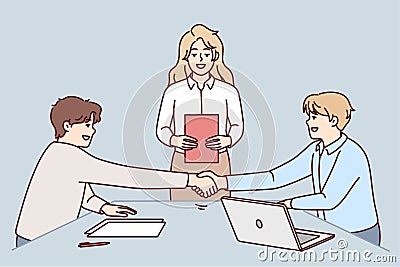 Men hand shake close deal at meeting Vector Illustration