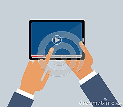 Men Hands holds tablet screen . Video player application on your tablet screen. Video. Vector Illustration