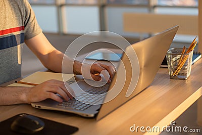 Men hands on notebook , business person workplace Stock Photo