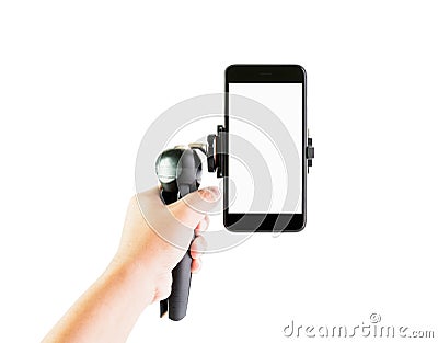Men hold equipment to make phone to reduce vibration. Make a slide up and make video easier, on isolated white background Stock Photo