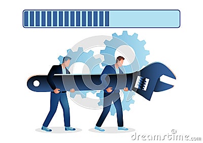 Men holding giant wrench Vector Illustration