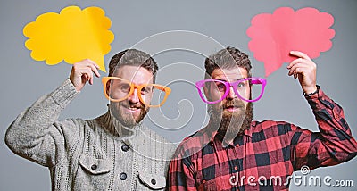 Men joking. Share opinion speech bubble copy space. Comic and humor sense. Men with beard and mustache mature hipster Stock Photo