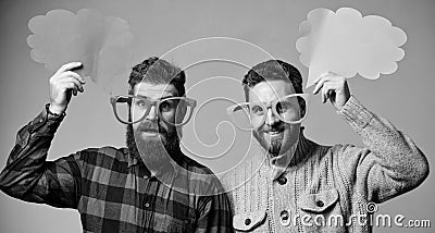 Men joking. Share opinion speech bubble copy space. Comic and humor sense. Men with beard and mustache mature hipster Stock Photo