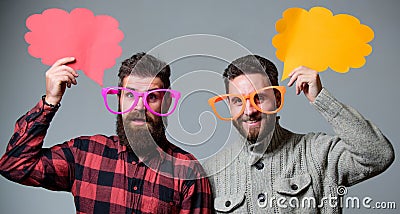 Men joking. Share opinion speech bubble copy space. Comic and humor sense. Men with beard and mustache mature hipster Stock Photo