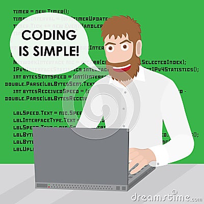 Men with laptop. Programming or coding banner flat design concept. Vector Illustration