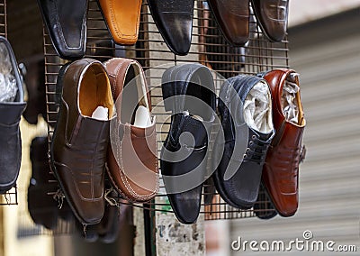 Men leather shoes in street market. Editorial Stock Photo