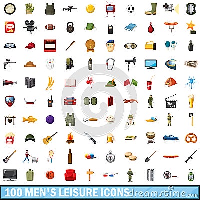 100 men leisure icons set, cartoon style Vector Illustration