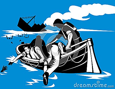 Men on lifeboat with sinking ship Cartoon Illustration