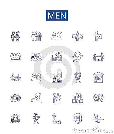 Men line icons signs set. Design collection of men, gender, masculinity, identity, culture, society, history, stereotype Vector Illustration