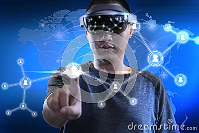 Men making connection in virtual reality world with hololens Stock Photo