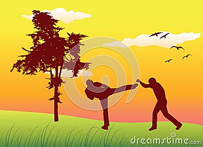 Men making kickboxing exercises on summer field Vector Illustration