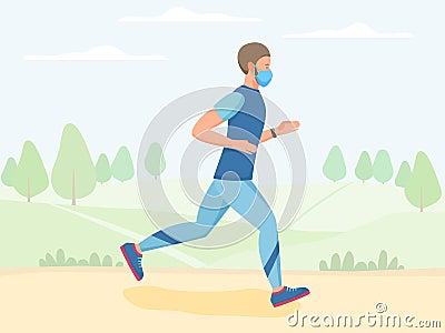 Men in mask running outdoor, jogging and training in park, physical activity outdoors, flat vector illustration Vector Illustration