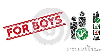 Men Only Mosaic and Scratched For Boys Stamp Seal with Lines Vector Illustration