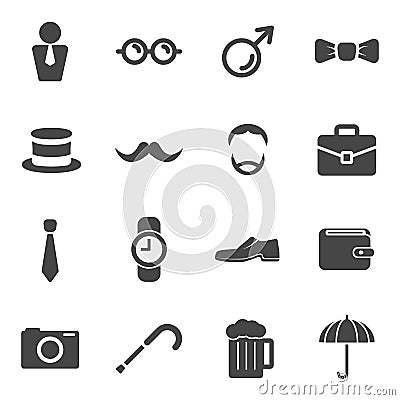 Men moustache props item icons. Participants grow a mustache and gentlemen accessories. Fashion of hat mask glasses and Vector Illustration