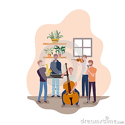 Men with musical instruments and houseplants of background Vector Illustration