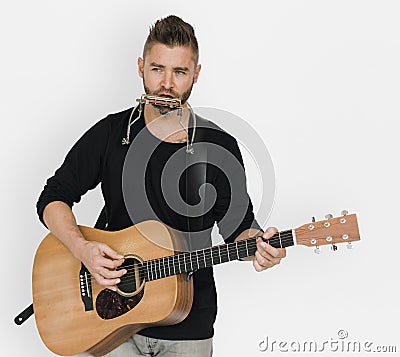 Men Musician Play Guitar Harmonica Stock Photo