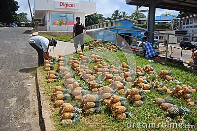 Men and pineapples at roadside near town market Editorial Stock Photo