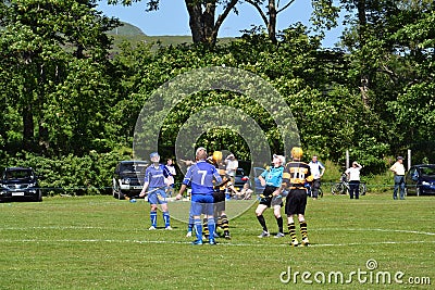 Men playing typical scottish team game shinty with sticks and ball Editorial Stock Photo