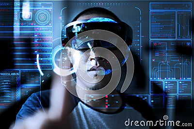 Men Playing Virtual Reality with Hololens with effects Stock Photo