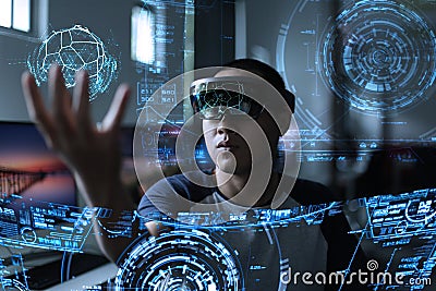 Men playing virtual reality with hololens Stock Photo