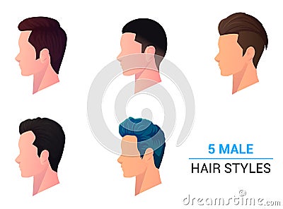 Men Profile View haircut and head Side View, Modern Male Hair Style Collection Vector Illustration