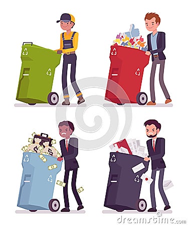 Men pushing trash bins Vector Illustration