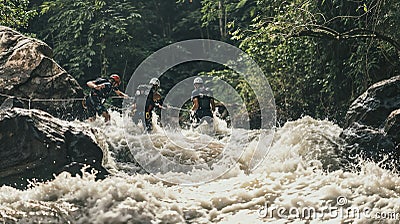 Men rafting in swift rapids with equipment among rocks, AI-generated. Stock Photo
