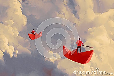 Men on red paper boats floating in the cloudy sky Cartoon Illustration