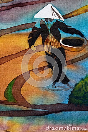Men on rice terraces, fragment, hot batik, handmade abstract surrealism art on silk Stock Photo