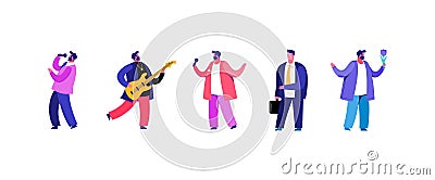 Men romantic musicians. Male characters in smart clothes play guitar and sing. Vector Illustration