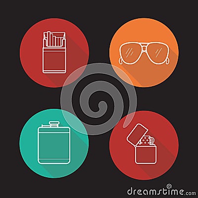 Men`s accessories flat linear long shadow icons set Vector Illustration