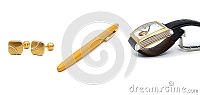 Men`s accessories: watch, pen, cuff links, watch Stock Photo