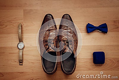 Men`s accessories: watch, tie, belt, cufflinks, perfume shoes top view Stock Photo