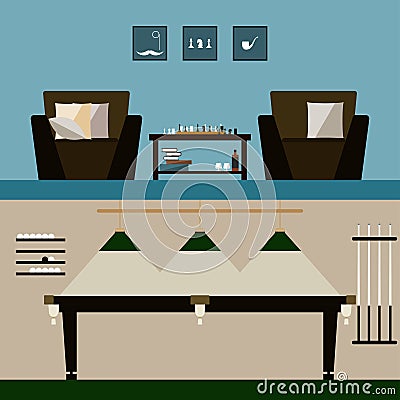 Men's and billiard room interiors on stylish cover. Vector Illustration