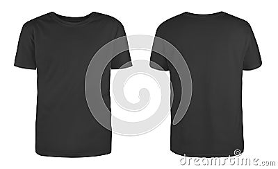 Men`s black blank T-shirt template,from two sides, natural shape on invisible mannequin, for your design mockup for print, isolat Stock Photo