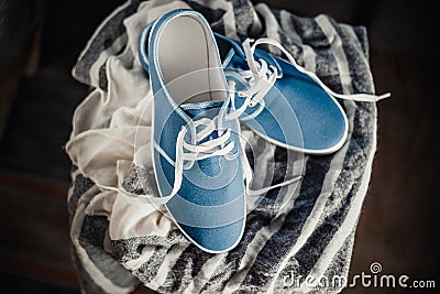 Men's blue loafers, masculine style Stock Photo