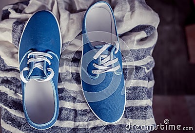 Men's blue loafers, masculine style Stock Photo