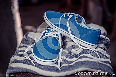 Men's blue loafers, masculine style Stock Photo