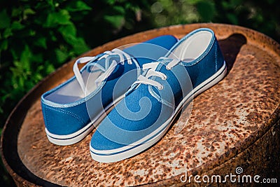 Men's blue loafers, masculine style Stock Photo