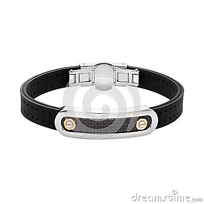 Men`s bracelet made of silver, steel and pink gold with carbon and rubber Stock Photo