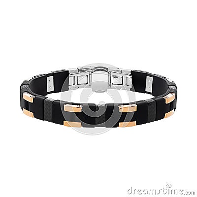 Men`s bracelet made of silver, steel and pink gold with carbon and rubber Stock Photo