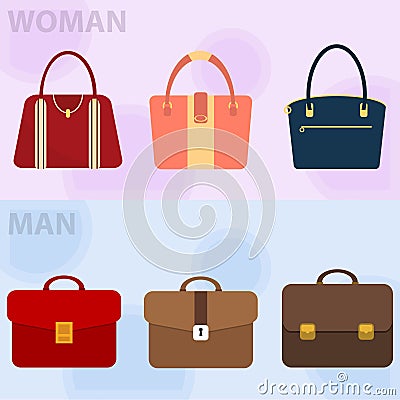 Men`s briefcase and handbag. A set of men`s business portfolios and a women`s bag. Vector Illustration