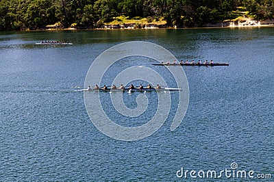 Men's Crew Teams Practicing On River In Folsom California Editorial Stock Photo