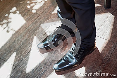 Men`s fashion leather vintage shoes..Classic male black leather shoes, top view..A pair of black leather men`s shoes..Standing : Stock Photo