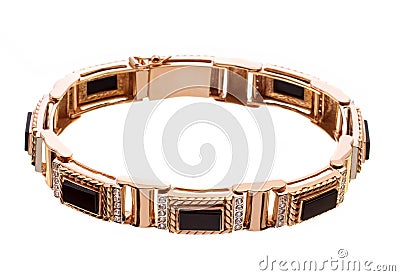 Mens gold bracelet with diamonds and onyx isolated on a white background Stock Photo