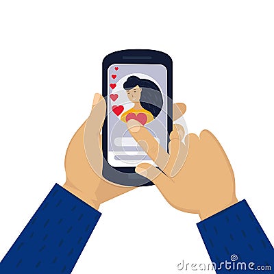 Men`s hand holding phone with with a female portrait. Online love chat in internet. Online dating or dating site. Long Vector Illustration